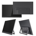 Black 15.6-inch portable LCD monitor on an adjustable stand, shown with HDMI and power cables.