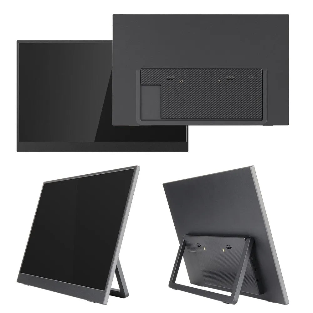 Black 15.6-inch portable LCD monitor on an adjustable stand, shown with HDMI and power cables.
