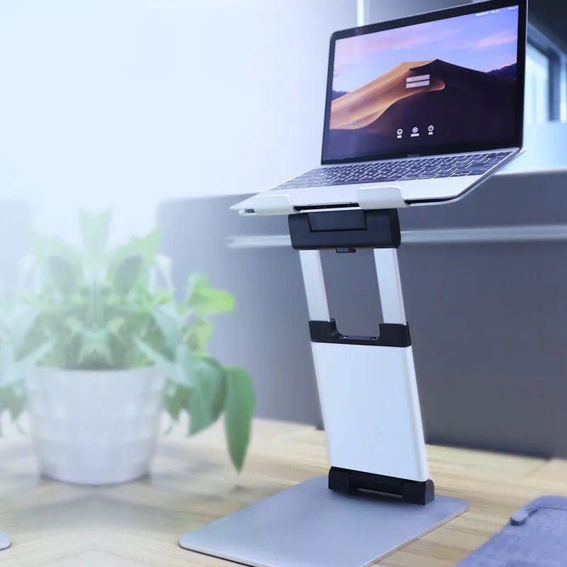 Silver folding double-arm stepless laptop stand for 17 inch notebooks on a desk