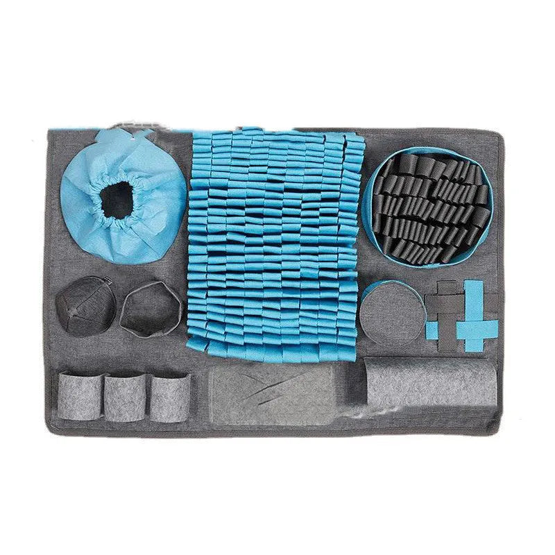 Dog sniffing pad with felt tunnel maze for hidden treat finding activity