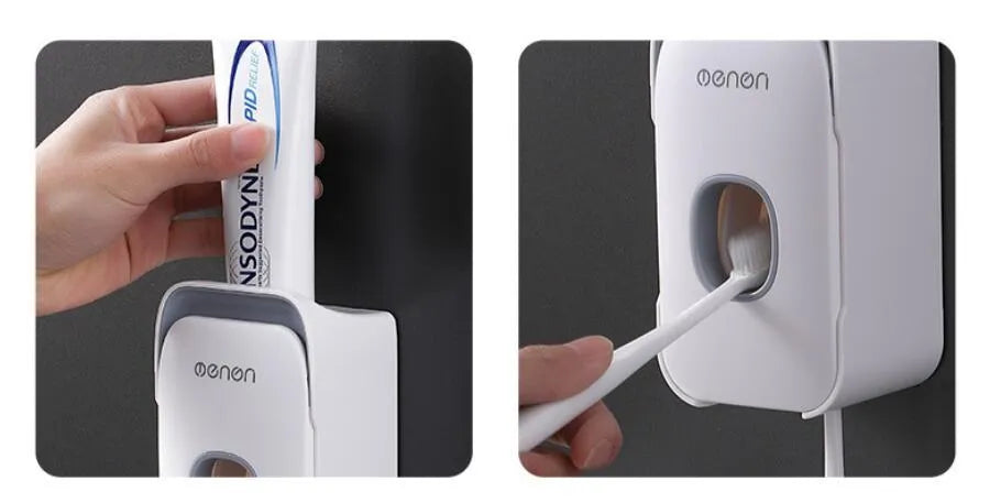 Automatic toothpaste dispenser mounted on bathroom wall in blue colour