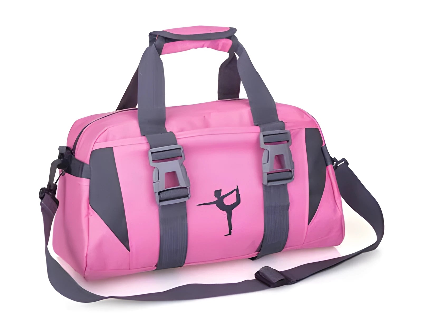 Black nylon yoga gym bag showing medium and large size options next to a yoga mat.