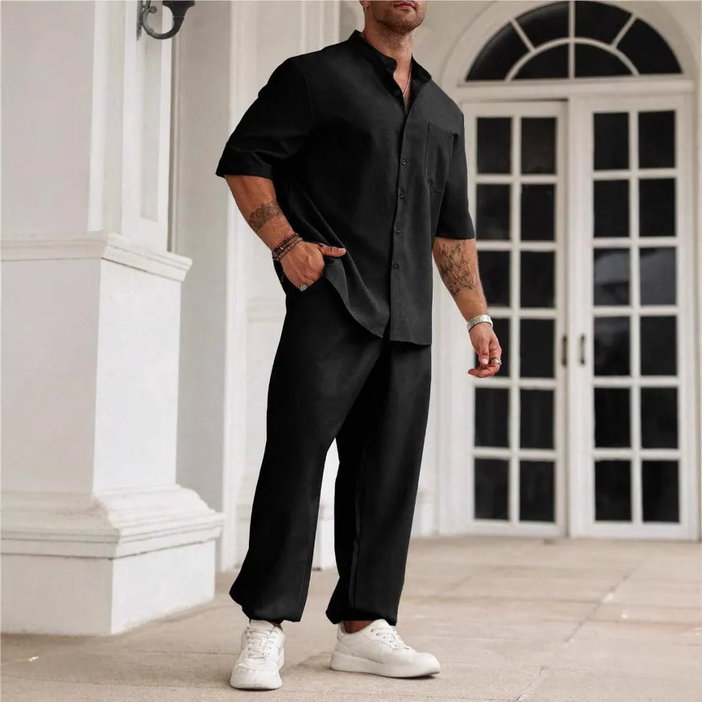 Men's casual apricot coloured cotton linen short sleeve shirt and trousers set laid flat.