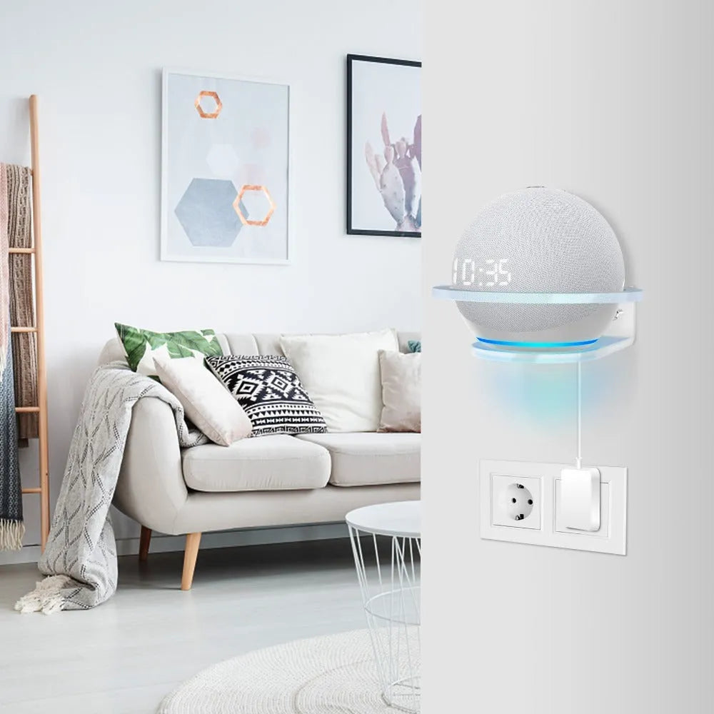 White plastic wall mounting bracket for Amazon Echo Dot 4 smart speaker
