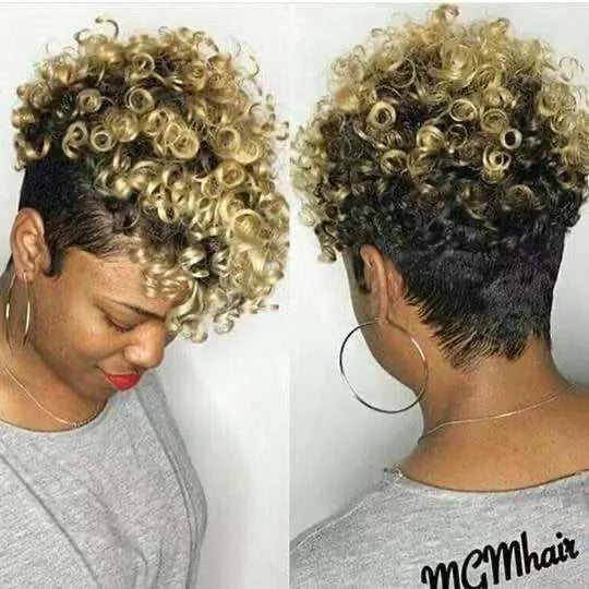 Women's short synthetic wig with simple rolls styling in exotic design showing Kanekalon fibre construction