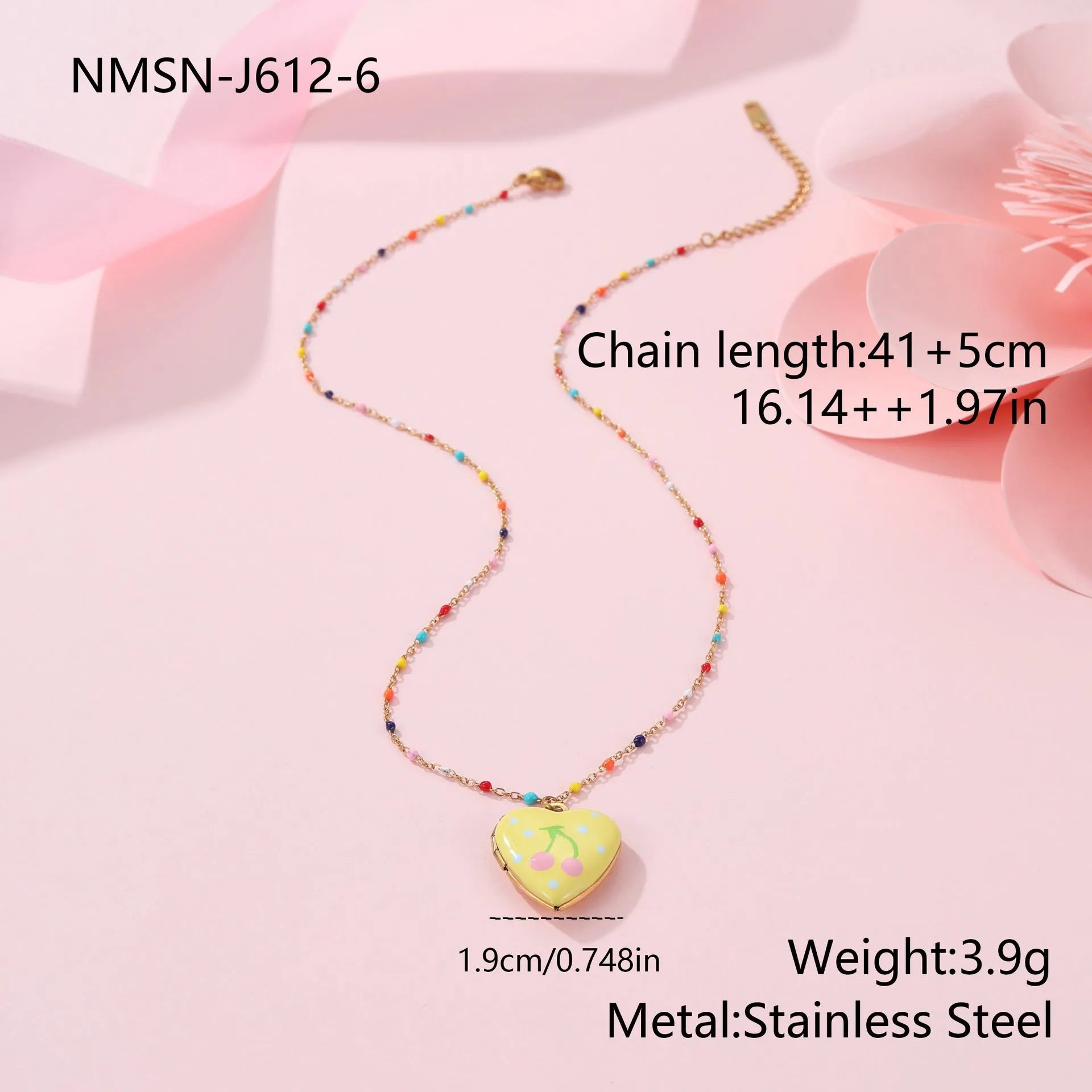 Stainless steel fruit pendant necklace with gold plating showing heart and fruit charm designs on adjustable chain