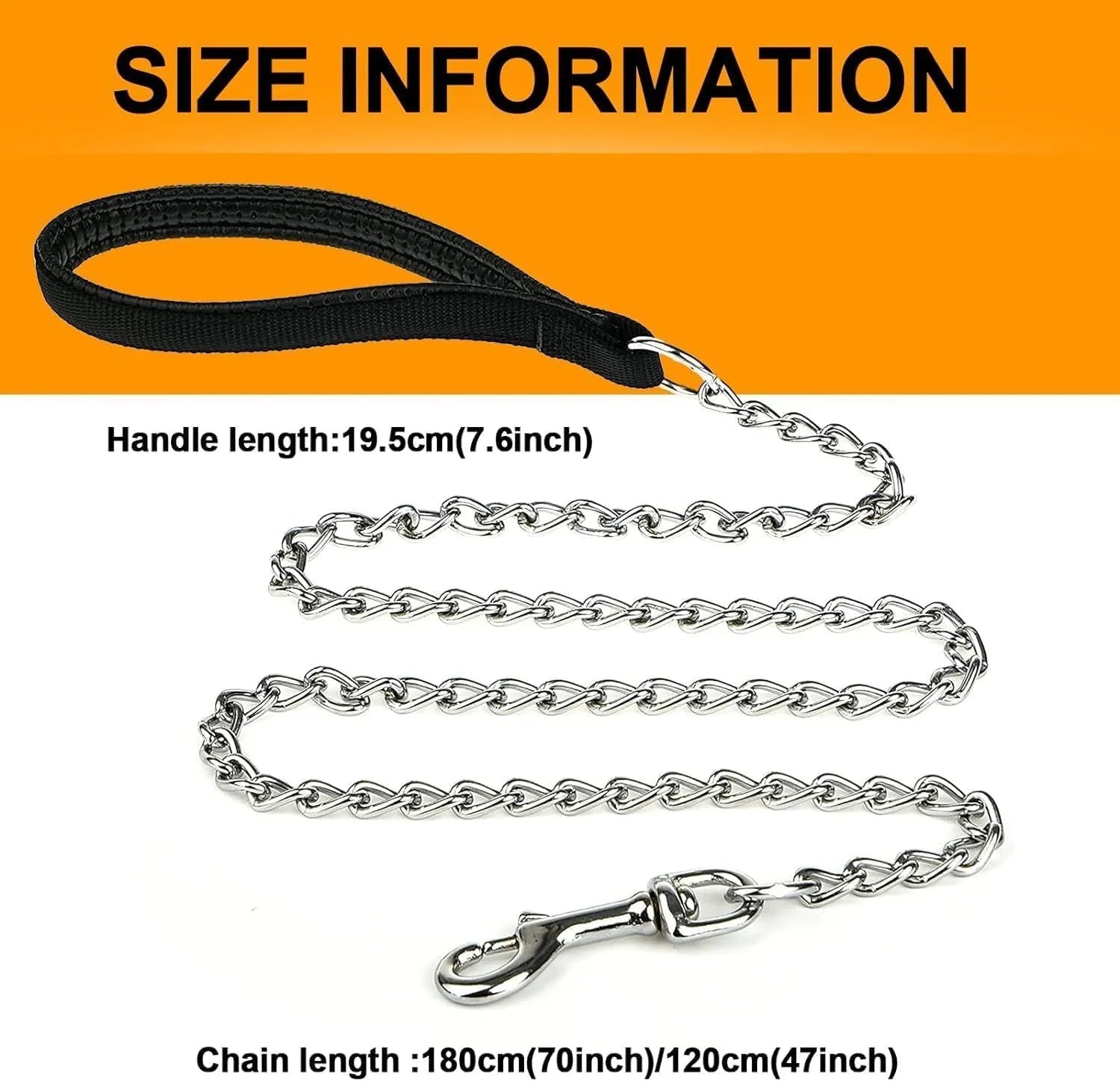Heavy duty metal dog leash with soft black padded handle and silver chain, shown with a large dog collar clip.