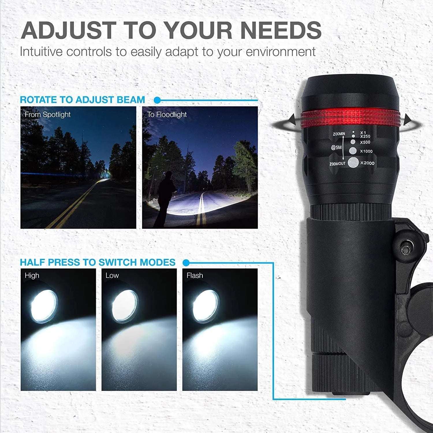 Bicycle headlight and taillight set with quick-release mounting bracket on a bike.