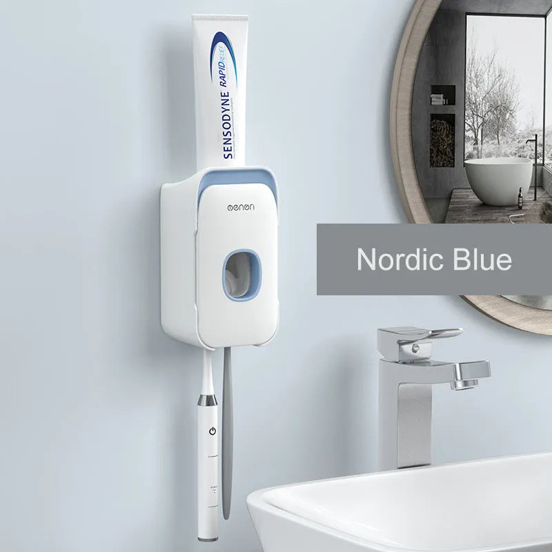 Automatic toothpaste dispenser mounted on bathroom wall in blue colour