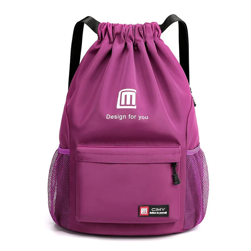 Oxford waterproof drawstring travel backpack in multiple colours showing foldable design and shoulder straps