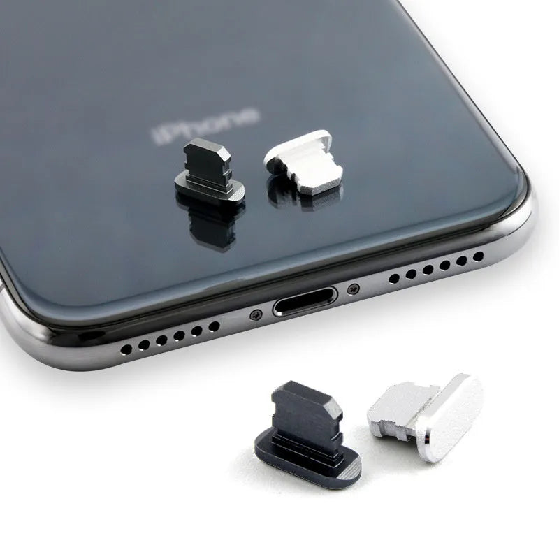 Aluminium alloy dust plug for iPhone charging port in various colours including gold, silver, and rose gold.