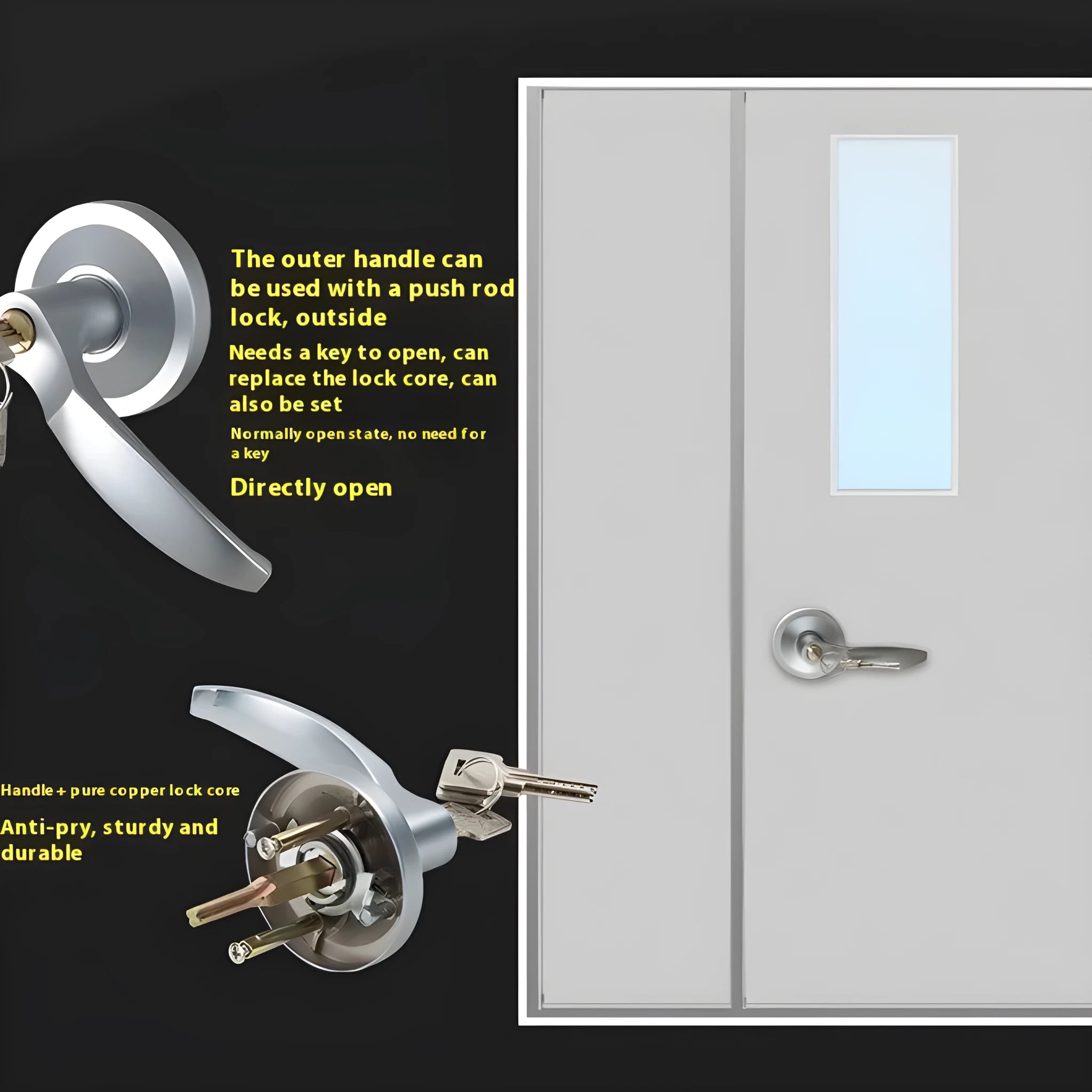 Fireproof door push lock with external handle for 65cm single doors
