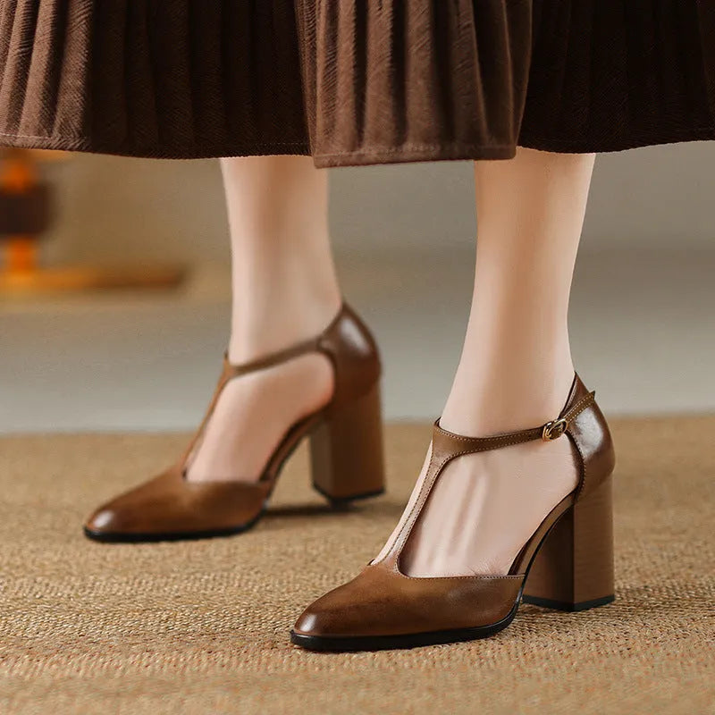 Baotou hollow women's Mary Jane shoes with pointed toe, buckle fastening, available in dark brown and pink colours
