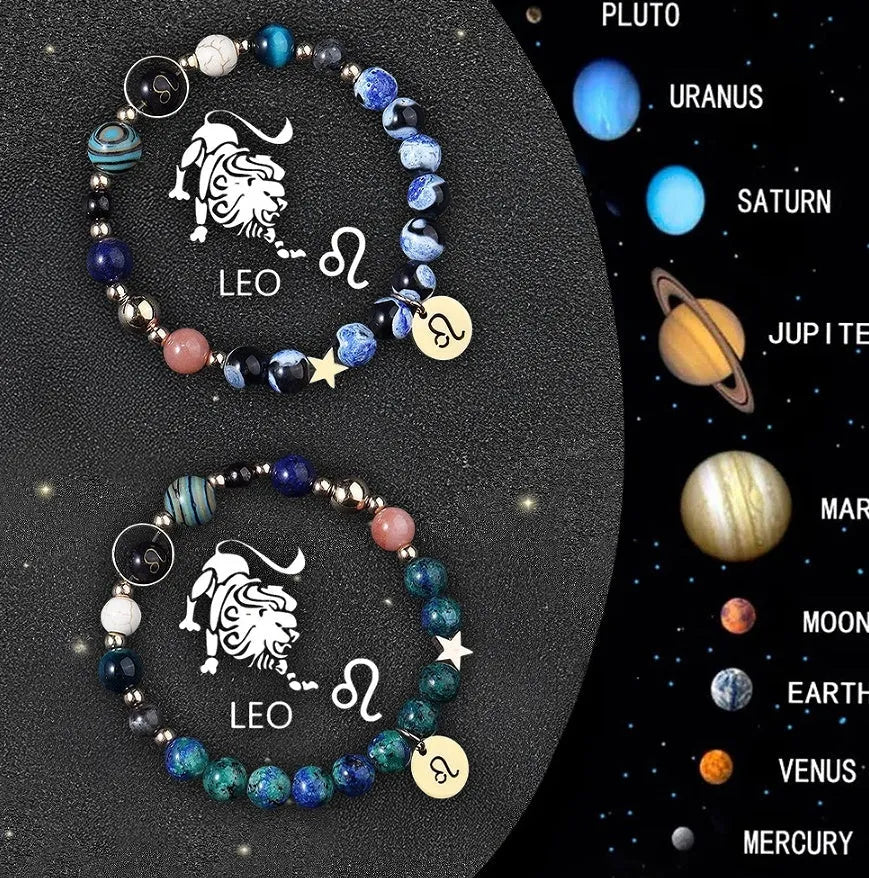 Twelve zodiac sign bracelets with natural stone beads on elastic string showing different astrological designs