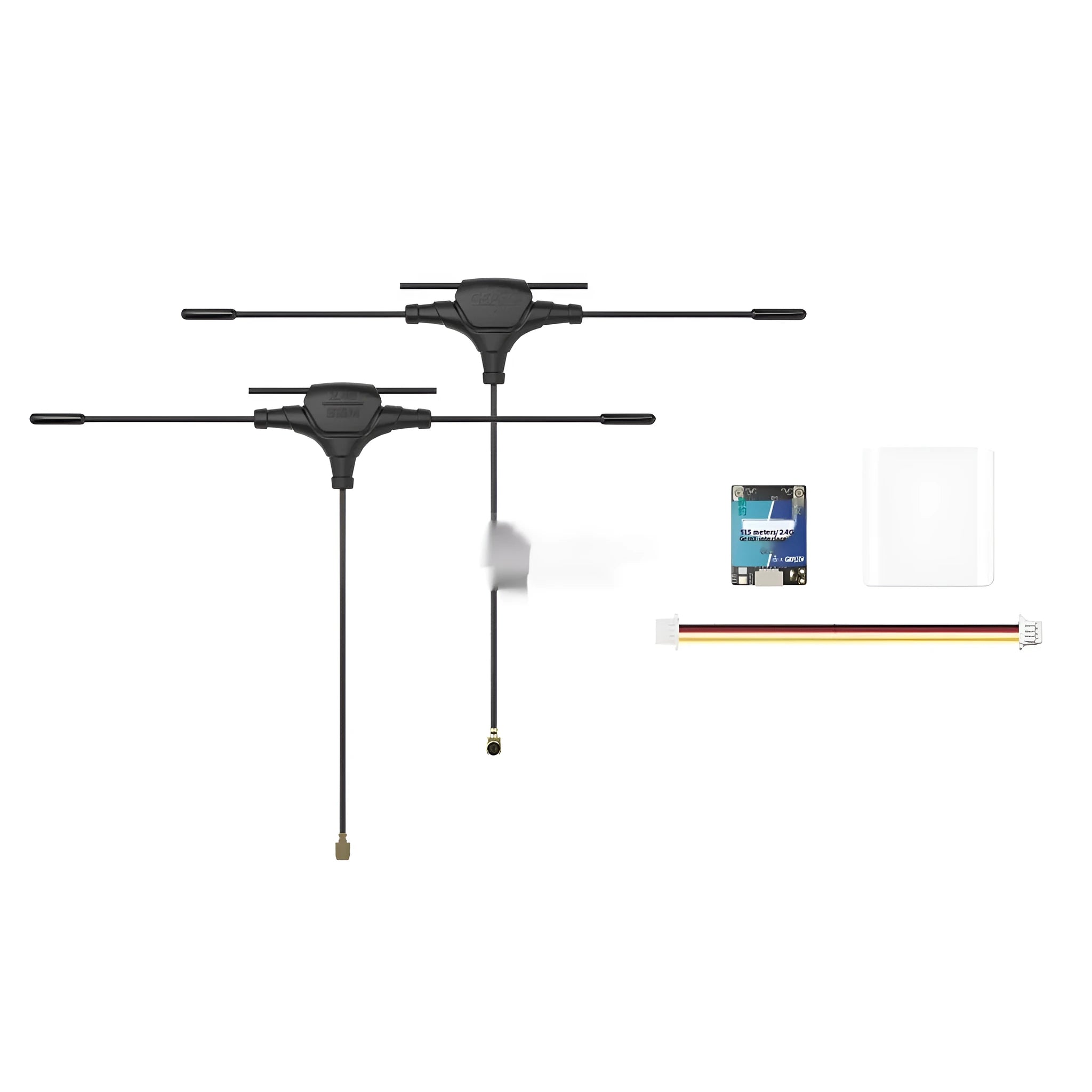 ELRS dual-frequency FPV drone receiver kit with metal base plant, two T-shaped antennas, and silicone connecting wire.
