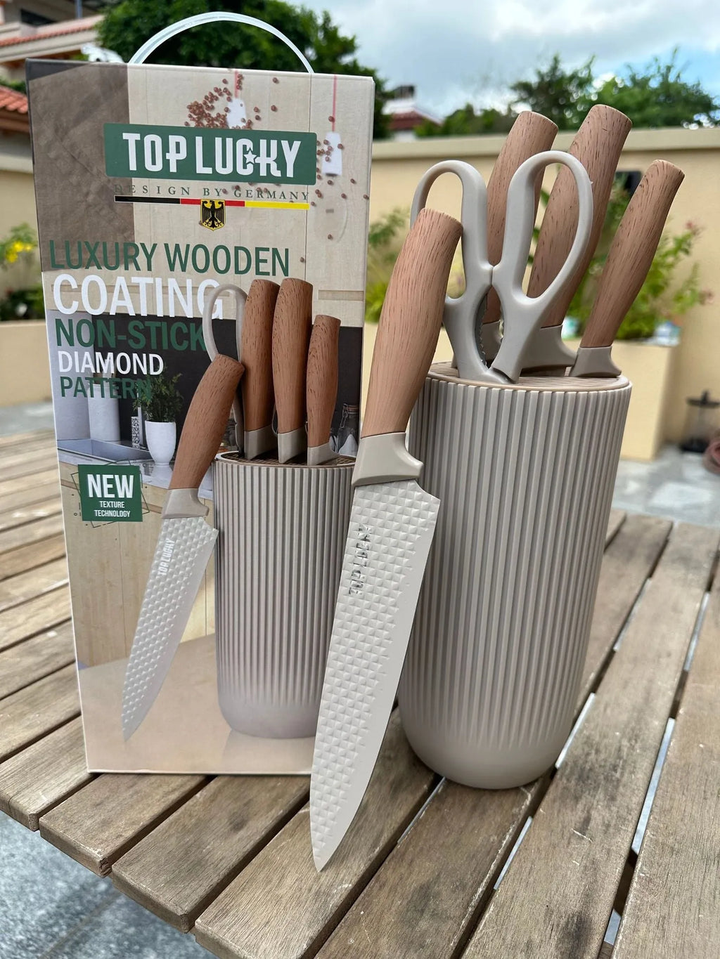 Five-piece kitchen knife set with khaki style wood grain handles and stainless steel non-stick blades
