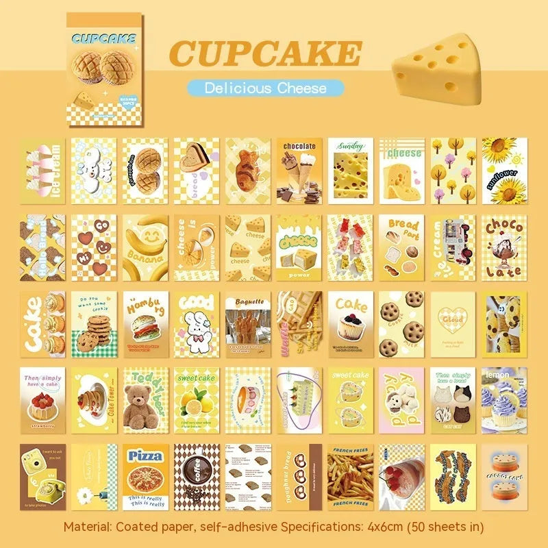 American retro cartoon sticker book with 50 adhesive 4x6cm journal decoration stickers in six colours
