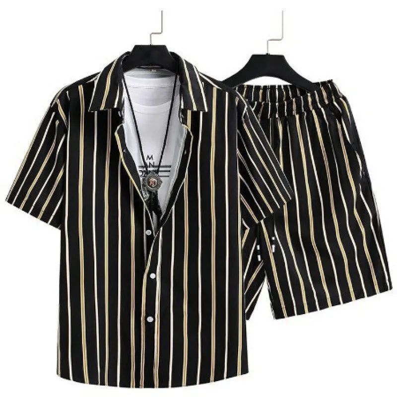 Men's casual short sleeve cardigan suit with digital printing and matching shorts