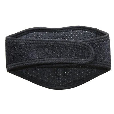 Black self-heating magnetic neck guard with an adjustable shoulder strap for neck support.