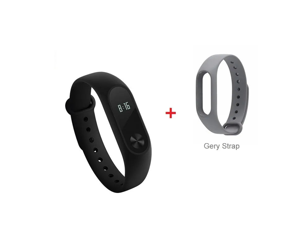 Xiaomi Mi Band 2 black fitness tracker with OLED display on adjustable wrist strap