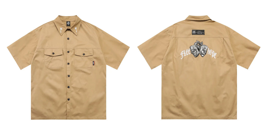 Men's plus size loose fit cotton blend work shirt with half sleeves and embroidered design