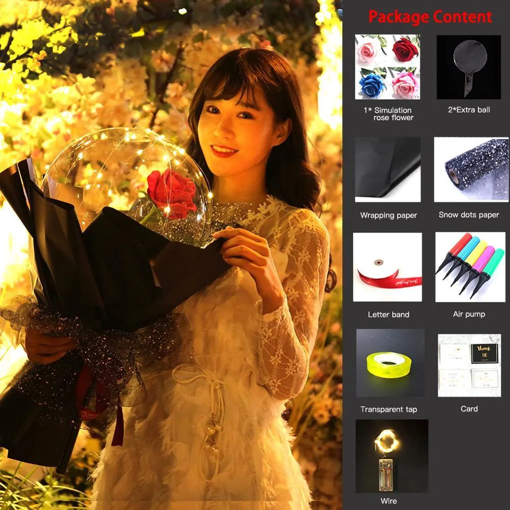 Transparent LED luminous balloon with artificial rose and built-in light, shown as a DIY bouquet kit.
