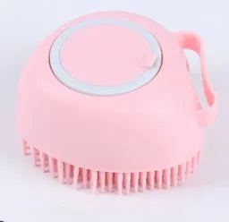 Blue silicone dog bath brush with rubber fingertips for pet grooming during bath time