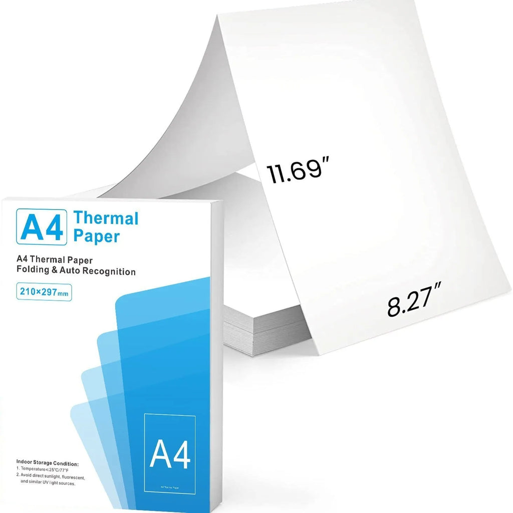 Pack of white A4 thermal paper for portable printers, showing quick-drying thermosensitive sheets