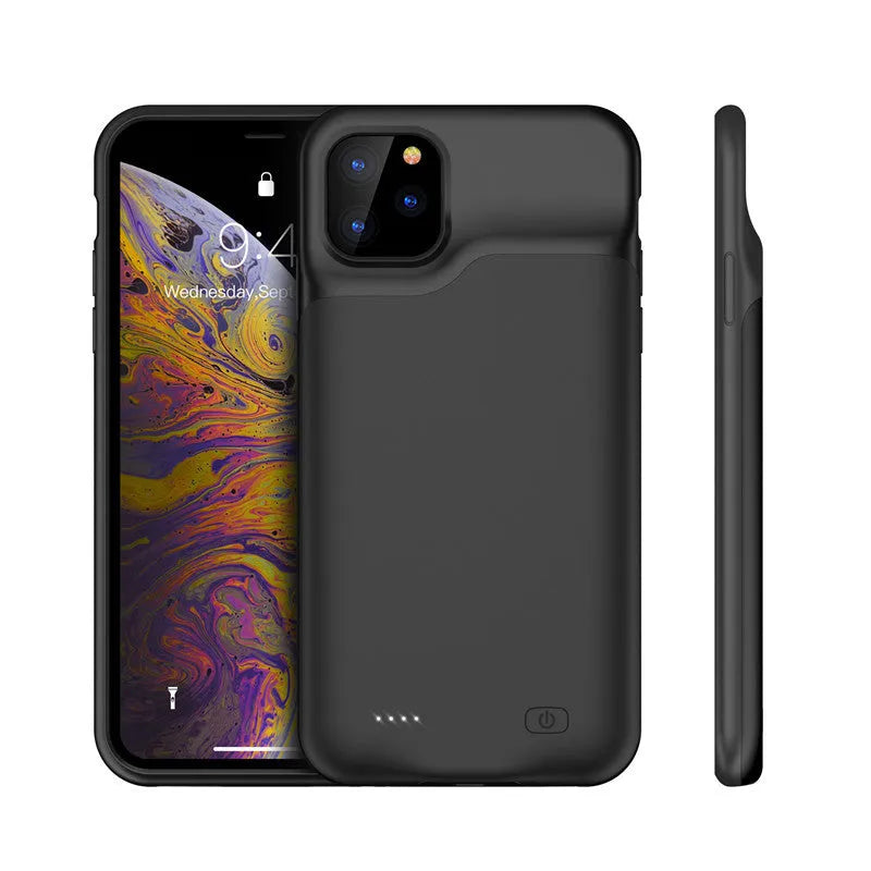 Shockproof silicone iPhone battery charger case in black, blue, pink, or white, showing integrated high-capacity battery.