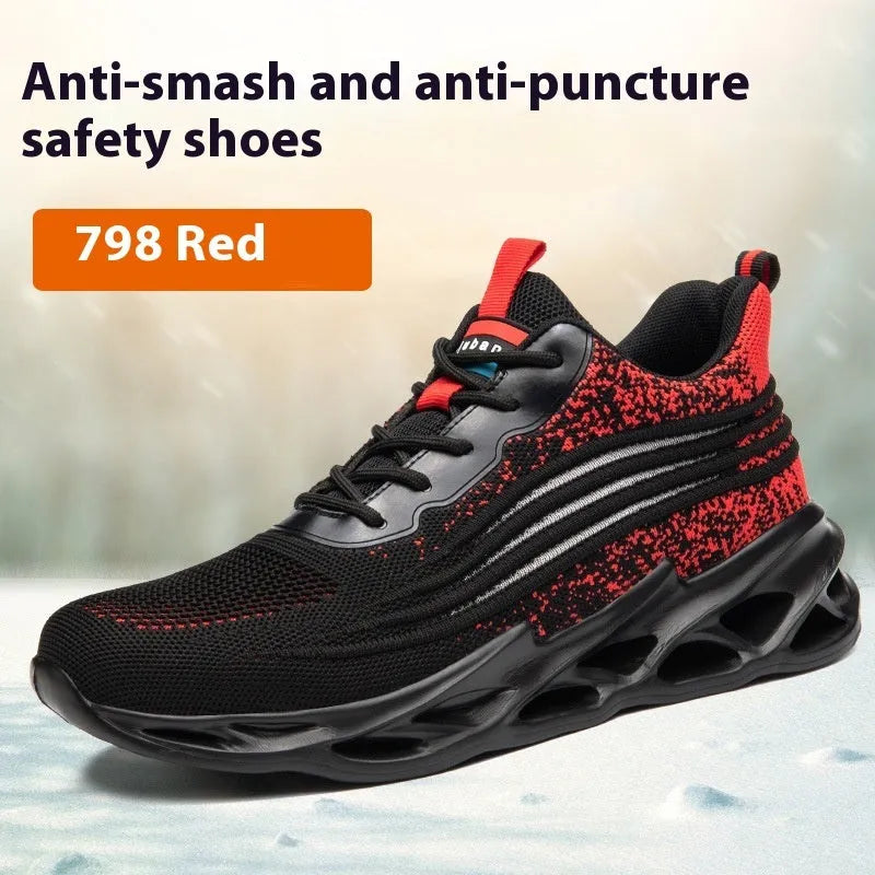 Brown leather anti-smash lightweight safety work shoes with a rubber sole on a grey background