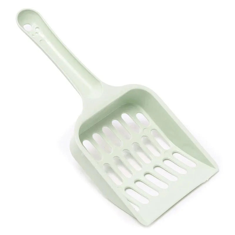 Blue plastic cat litter scoop with a long handle and perforated sifting head on a white background.