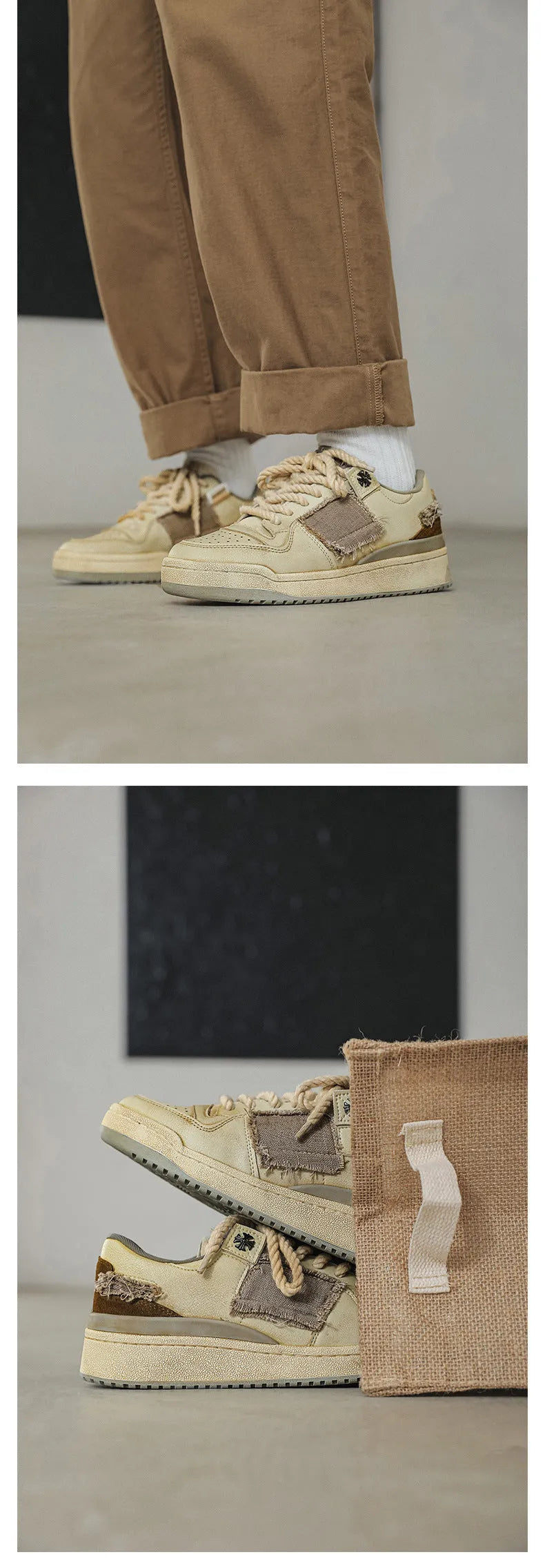 Beige low-top casual skate shoes with lace-up front and flat rubber sole.