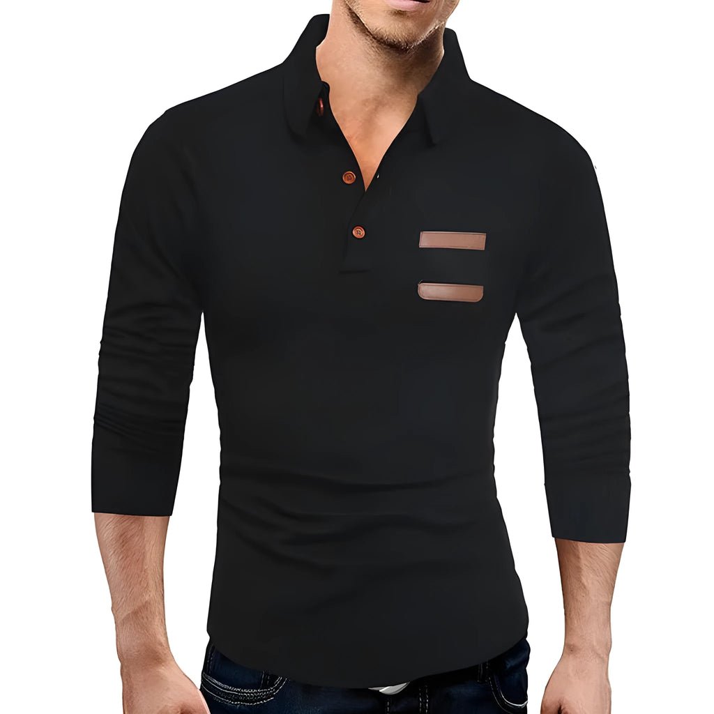 Casual slim knit polo shirt for men in black with classic collar and short sleeves