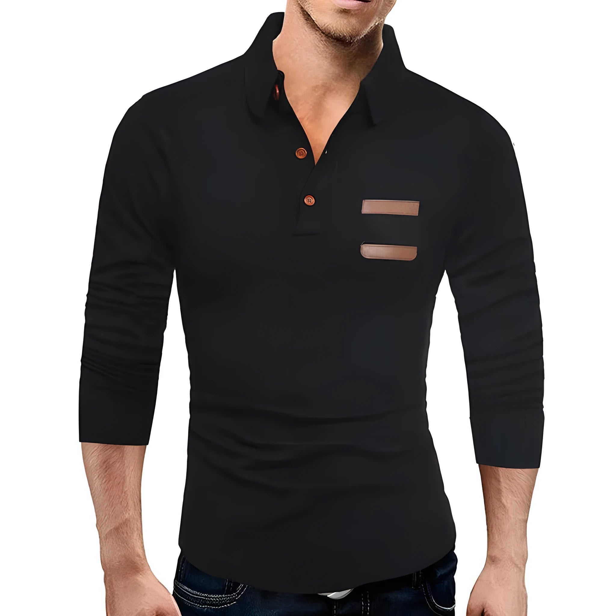 Casual slim knit polo shirt for men in black with classic collar and short sleeves