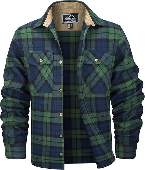 Men's casual plaid button shirt in cardigan style for winter, available in multiple colours.
