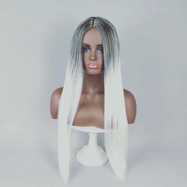 Long straight gradient fake hair wig with air bangs, high temperature silk, available in gradient colours