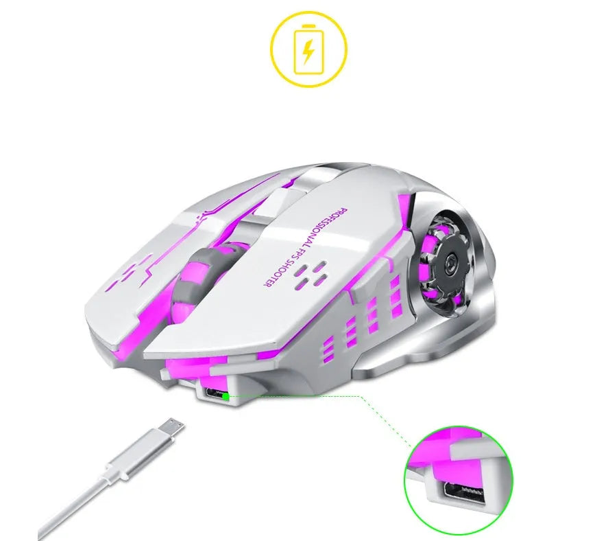 Wireless charging mouse with mute click buttons in black or white colour options