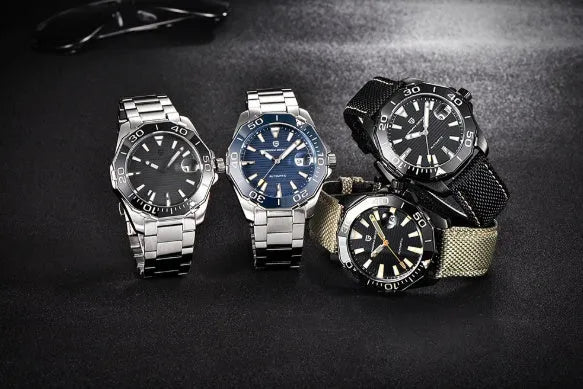 Men's mechanical watch PD-1617 with stainless steel case and strap, silver dial, black details, 14.3mm dial
