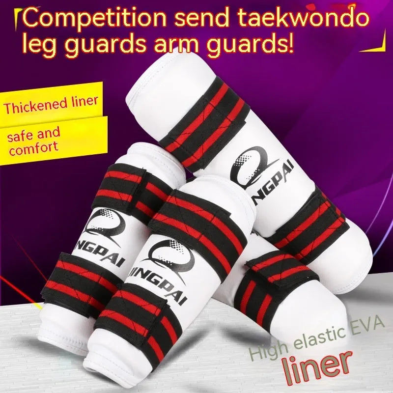 Taekwondo protective gear set showing arm guards, elbow arm guards, and leg protectors in various sizes