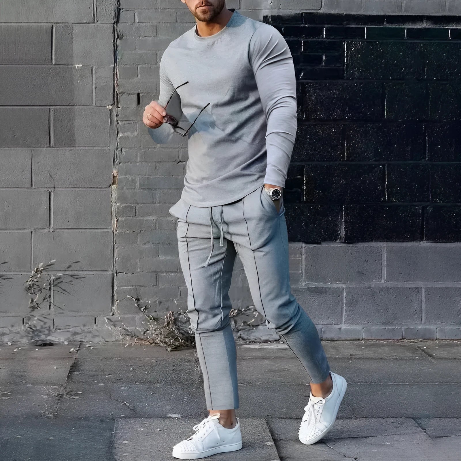 Men's light grey round neck long sleeve T-shirt and trousers two-piece polyester casual set