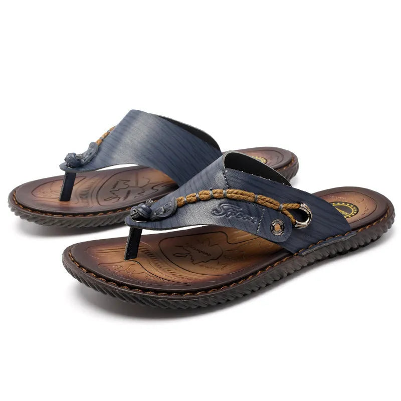 Men's dark blue herringbone-patterned outdoor slippers with a rubber sole, shown from the side.