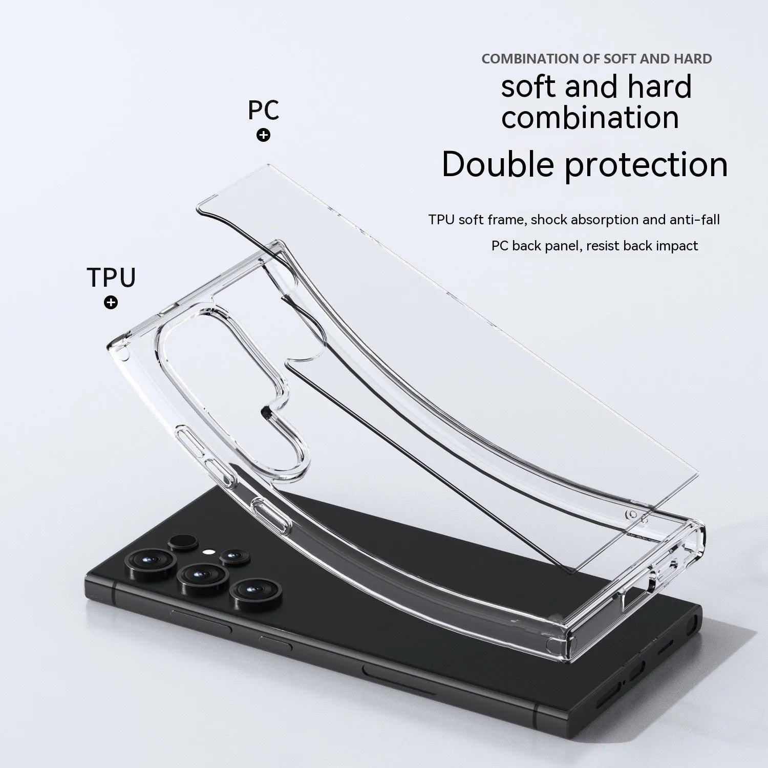 Transparent Samsung phone case back cover made of TPU and PC, drop-resistant protective shell