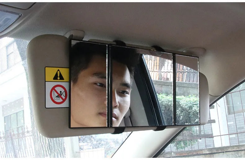 Silver folding car visor makeup mirror shown open and closed