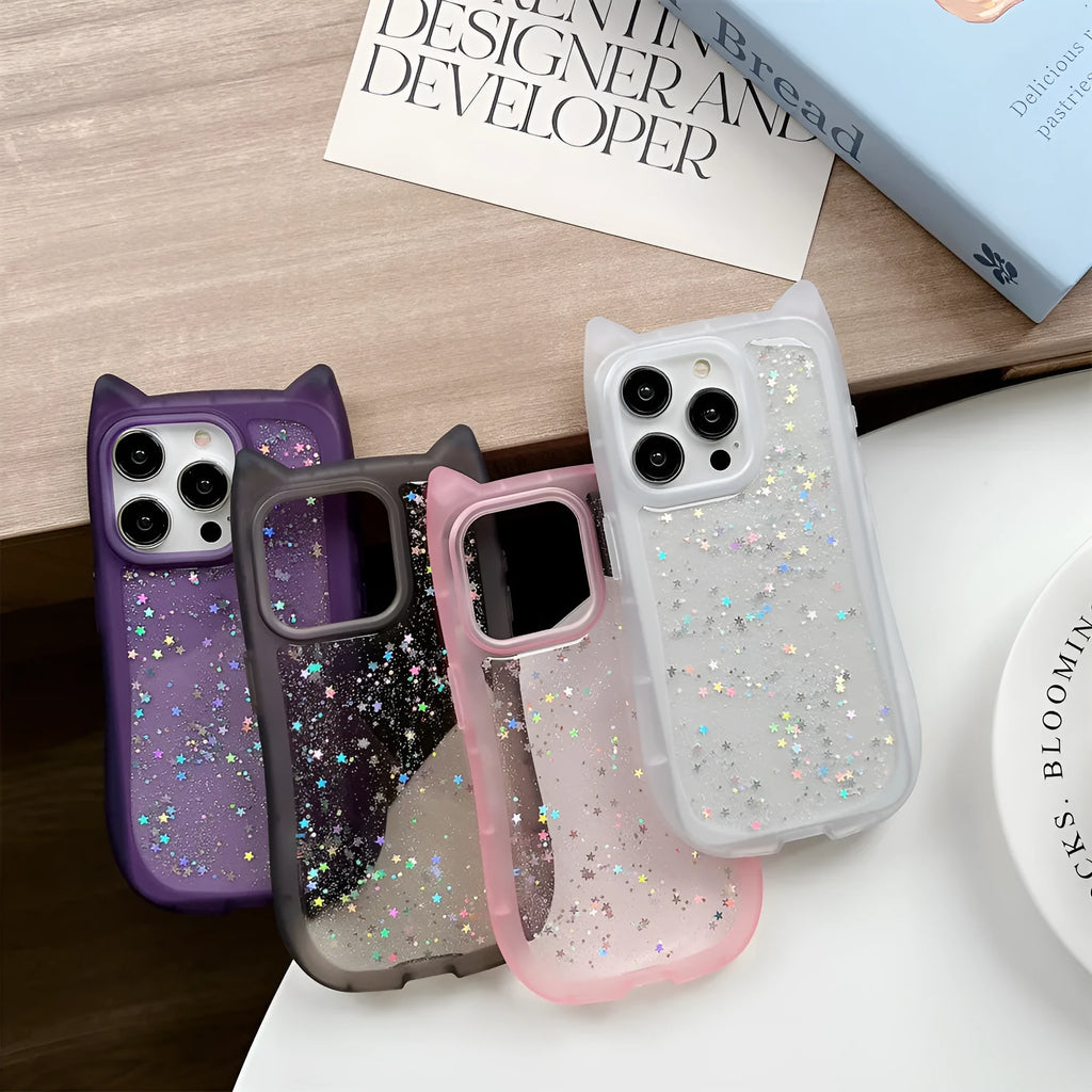 Three-dimensional cat ears epoxy glitter TPU phone case for Apple iPhone, available in pink, white, purple, black, and transparent