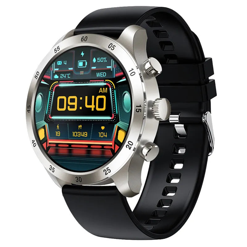 Smart watch with Bluetooth calling display showing music playback and health metrics