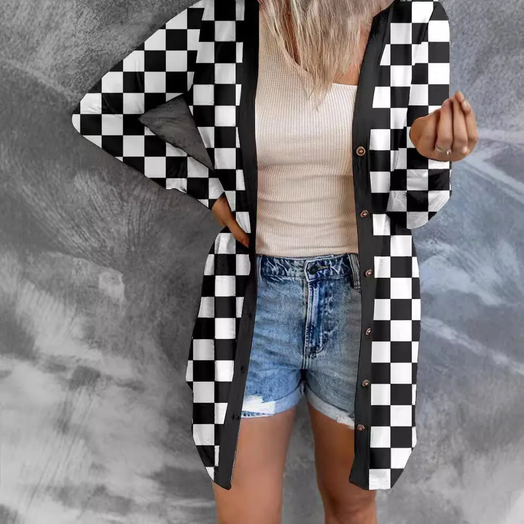 Women's long grey plaid loose fit cardigan coat with regular sleeves for street fashion.