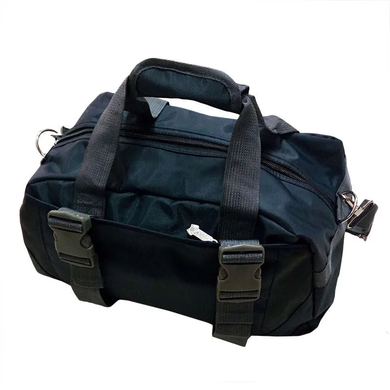 Black nylon yoga gym bag showing medium and large size options next to a yoga mat.