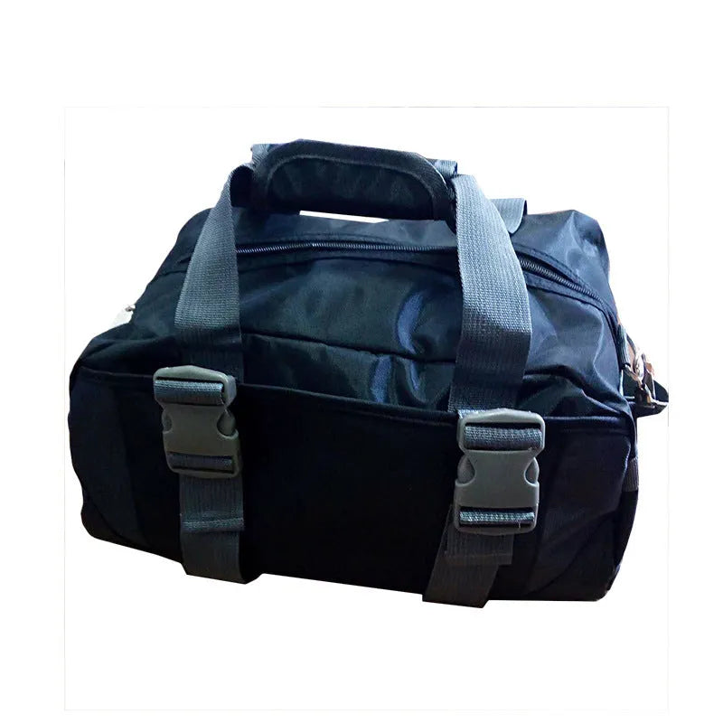 Black nylon yoga gym bag showing medium and large size options next to a yoga mat.