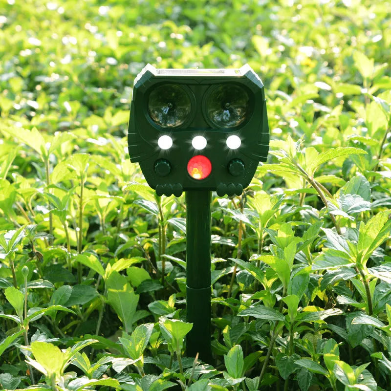 Green solar ultrasonic animal repeller unit with solar panel on top.