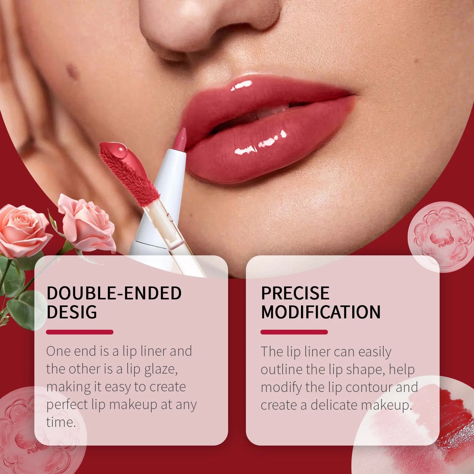 Double-headed lip liner and lip lacquer pen in three matte colour options